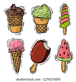 Set of hand drawn ice cream in doodle style. Ice cream on a wooden stick, ice cream in a waffle cup, ice cream in a waffle cone.