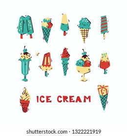 Set of Hand Drawn Ice Cream Isolated on White Background. Vector Doodle Illustration.