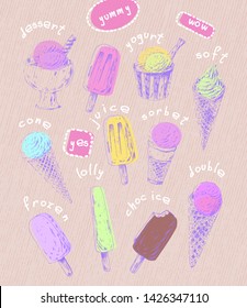 Set of hand drawn ice cream cones and popsicles on craft paper background. Ink sketch illustration for dessert menu or food package design.