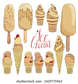 Set of hand drawn ice cream. Collection of isolated vector elements for labels, badges, stickers, icons. Used for bar, cafe, menu, ice cream or sweet shop.Handwritten lettering. White milk chocolate.