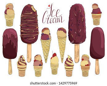 Set of hand drawn ice cream. Collection of isolated vector elements for labels, logos, badges, stickers, icons. Used for bar, cafe, menu, ice cream or sweet shop.Handwritten lettering. Dark chocolate