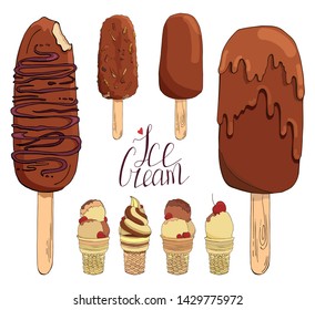 Set of hand drawn ice cream. Collection of isolated vector elements for labels, badges, stickers, icons. Used for bar, cafe, menu, ice cream or sweet shop.Handwritten lettering. Milk chocolate.