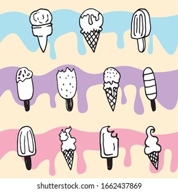 Set of hand drawn ice cream icons. Vector illustration of cute ice cream and popsicle doodles.