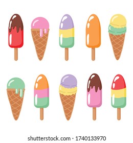 Set of hand drawn ice cream cones and popsicles, tasty colorful collection of cute simple ice creams isolated on white background. Vector illustration for web design, print, stickers or greeting cards
