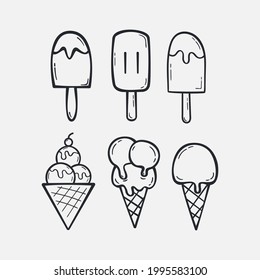 Set Hand drawn Ice cream icon Design Template. Illustration vector graphic. doodle ice cream print. Perfect for for cafe menu, card, birthday card decoration.