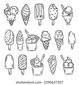 Conjunto de artículos de la línea de helados dibujados a mano doodle cocina tienda o decoración de cafés