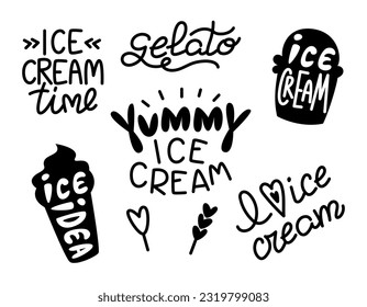 Set with hand drawn ice cream lettering. Cool slogans of the season. Vector lettering