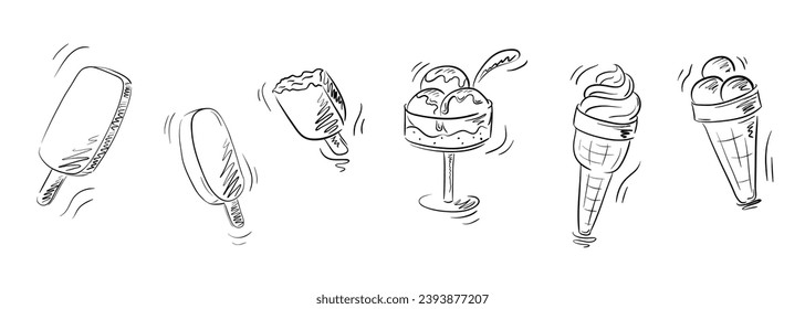 Set of hand drawn ice cream. Sketch, doodle. Simple illustrations.