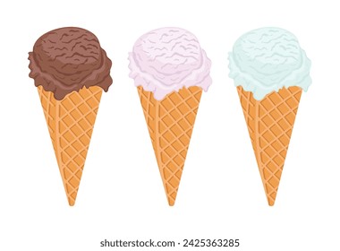 Set of hand drawn ice cream cones vector illustration, scoop of gelato of different flavours in a waffle cone