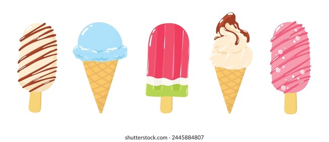 Set of hand drawn ice cream element vector. Sweet summer dessert of sundaes, gelatos, ice-cream cones, popsicle, topping, chocolate sauce. Summer time food illustration for sticker, clipart.