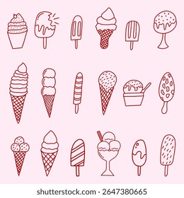 Set of Hand Drawn ice cream Doodle icons. Ice-cream cones, popsicles, sundae. Icecream food collection isolated