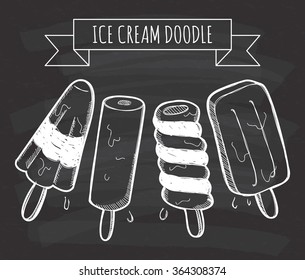 Set of hand drawn ice cream doodle on chalkboard background
