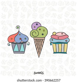 set of hand drawn ice cream icons over pastry shop seamless pattern. vector ice cream cone and cupcakes logo. vintage style bakery desserts and cakes decoration elements. birthday party banner design 