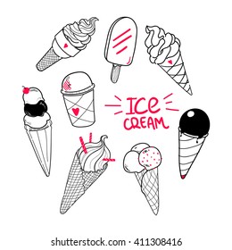 Set of hand drawn ice cream with place for text, doodle ice cream, good for food design and dessert menu, hand lettering Ice Cream, Eps 8