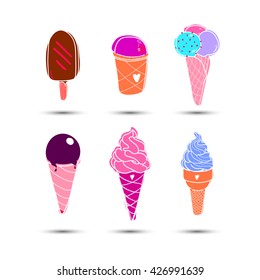 Set of hand drawn ice cream with shadows, doodle isolated summer element, good for food design, print and dessert menu, Eps 10