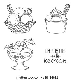 Set Of Hand Drawn Ice Cream Served In Glass, Waffle And Paper Bowls