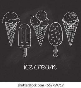 Set of hand drawn ice cream cones and bars over chalkboard texture