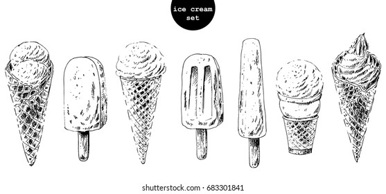 Set of hand drawn ice cream cones and popsicles. Ink sketch illustration for dessert menu or food package design.