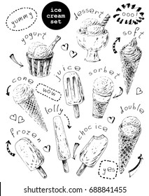Set of hand drawn ice cream cones and popsicles. Ink sketch illustration for dessert menu or food package design.