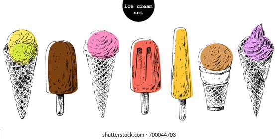 Conjunto de helados y paletas dibujados a mano. Ilustración de tinta con formas coloridas para el diseño y embalaje de menús.