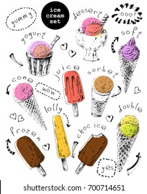 Set of hand drawn ice cream cones and popsicles. Ink sketch illustration with colorful shapes for dessert menu or food package design.