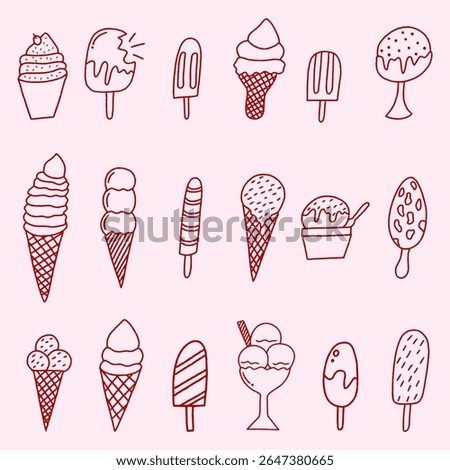 Set of Hand Drawn ice cream Doodle icons. Ice-cream cones, popsicles, sundae. Icecream food collection isolated