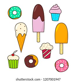 Set of hand drawn ice creams, cupcakes and donuts. Vector illustration in cartoon style