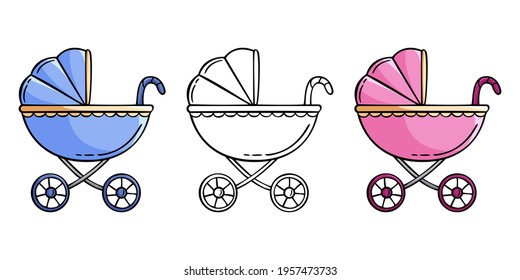 Set of hand drawn icon of baby carriages in doodle style for boys and girls isolated on white background.