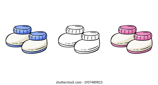 Set of hand drawn icon of baby booties in doodle style for boys and girls isolated on white background.