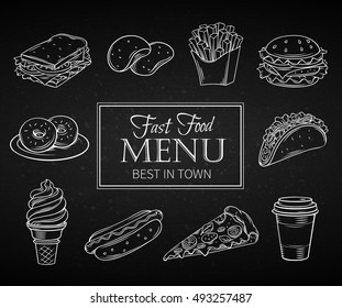 Set hand drawn icon fast food in chalk board style. Decorative Illustration with snacks, hamburger, fries, hot dog, tacos, coffee, sandwich, ice cream in line art style.