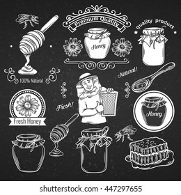 Set hand drawn icon and label honey in chalk board style. Decorative honey icons in old style for the design natural healthy food production Honey , labels cards and brochures