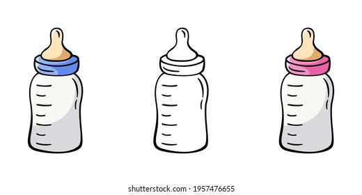 Set of hand drawn icon of milk bottles in doodle style for boys and girls isolated on white background.