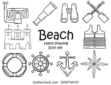 set of hand drawn icons about sea or beach on white background