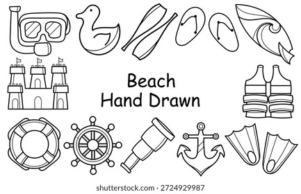 conjunto de ícones desenhados à mão sobre o mar ou praia em fundo branco