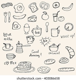 Set of  hand drawn icons breakfast foods.
