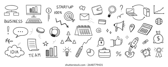 Set of hand drawn icons business and money. Vector illustration