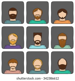 Set of hand drawn icons with cartoon men in beard style