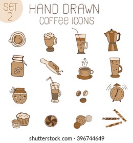 Set of hand drawn icons for coffee in doodle style.  Can use for design cafe menu, coffee shop, cups.