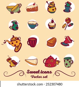 set of hand drawn icons, cute colorful tea things, vector illustration