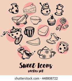set of hand drawn icons, cute tea things, vector illustration