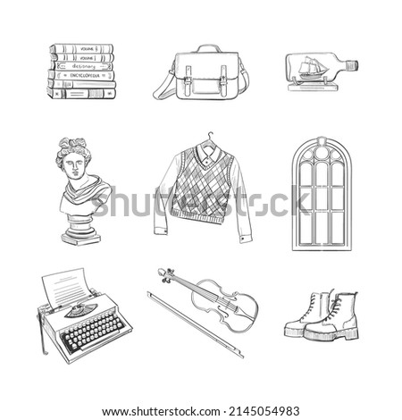 Set of hand drawn icons dark academia style