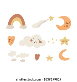 Set of hand drawn icons, elements for nursery. Great for textile. Vector illustrations on white background.