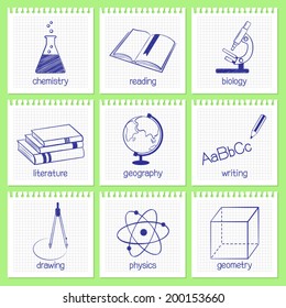 Set of hand drawn icons and emblems for school educational subjects