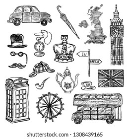 Set of hand drawn icons of English culture. Charcoal drawing of United Kingdom map, cab, London landmarks, crown, etc. Black and white doodle vector illustration