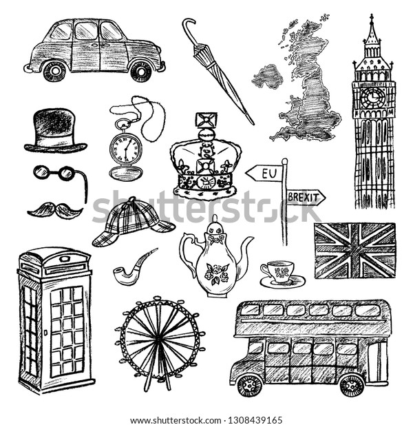 Set Hand Drawn Icons English Culture Stock Vector (Royalty Free) 1308439165