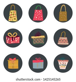 Set of hand drawn icons with gift boxes color illustration. Flat style illustration. Greeting card, poster, banner, design element, icon. Vector