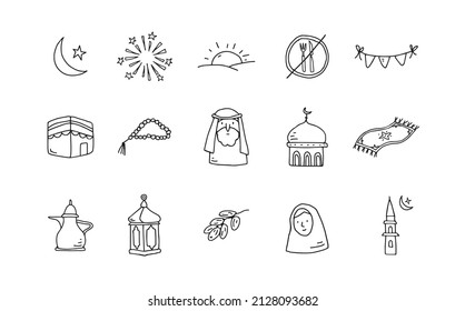 Iconos dibujados a mano para el mes sagrado Ramadán Kareem. Islam, concepto de religión musulmana. Objetos vectoriales aislados. Mezquita con torre de minarete. La luna y la fruta de la cita. Hombre árabe, mujer con hijab. Eid ul Fitr.