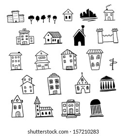 Set Of Hand Drawn Icons Of Houses