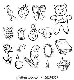 Set of hand drawn icons for a little girl in the vector