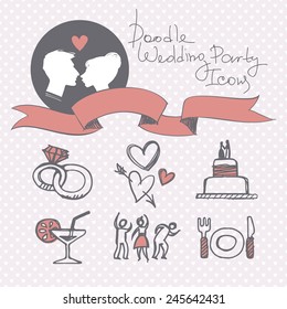 Set of hand drawn icons on wedding theme